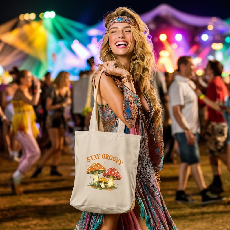 Stay Groovy Tote Bag, Mushroom Festival Tote, Aesthetic Canvas Bag, Cottagecore Boho Style image 1