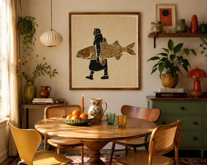 May include: A square framed wall art print featuring a black and gold linocut-style illustration of a person carrying a large fish. The artwork is displayed on a light-colored wall above a round wooden dining table with chairs and decor.