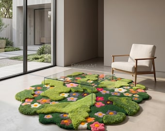 Hand Tufted Floral Meadow Garden Area Rug | 3D Moss Green Pink Purple Flower Carpet | Irregular Shape Botanical Living Room Floor Rug