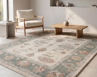 Hand Knotted Oushak Area Rug | Ivory Sage Green Blue Floral Wool Carpet | Turkish Style Traditional Living Room Rug | Vintage Boho Decor