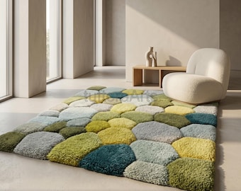 Handgetuft kiezelwollen vloerkleed • Mosgroen Scandinavische boho