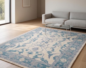 Hand Knotted Ivory Teal Blue Floral Oushak Area Rug | Large Scrolling Botanical Wool Carpet | Turkish Living Room Rug Coastal Hamptons Decor