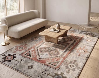 Vintage Hand Knotted Grey Rose Tribal Area Rug | Antique Washed Medallion Wool Carpet | Turkish Oushak Boho Living Room Accent Floor Rug