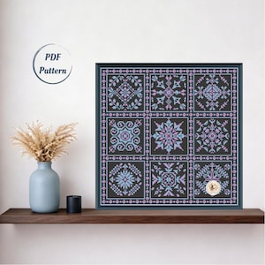 Patchwork Sampler Cross Stitch Pattern, Delft Tile Digital PDF