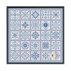 Blue Quaker Tile Sampler Cross Stitch Pattern – Geometric Folk Patchwork (Digital PDF, Instant Download)