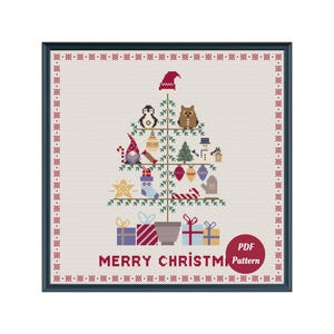 Weihnachtskreuzstichmuster (PDF), skandinavisches Volkskunst-Baummotiv mit Gnom und Eule