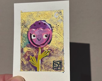 Original Flower Face ACEO Painting – Whimsical Miniature Art – 2.5 x 3.5” – Signed Small Artwork – Cute Botanical