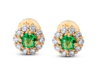 Emerald Flower Stud Earrings, Zambian Emerald Diamond Halo in 18k Yellow Gold, Screw Back, May Birthstone Christmas Gift for Daughter