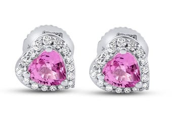 Small Pink Heart Stud Earrings, Natural Pink Sapphire Diamond Halo in 18k White Gold, Screw Back for Teen Girl, Christmas Gift for Daughter