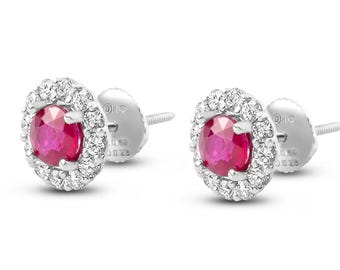 Oorbellen met robijnrode bloemmotief, 18k witgoud, natuurlijke Mozambikaanse robijn met diamanten halo, geboortesteen van juli, kerstcadeau voor dochter of moeder