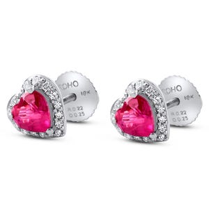 Mother’s Day Gift for Mom, Pink Sapphire Heart Earrings 18K Gold, Diamond Halo Studs, Screw backs, Natural Sapphire Jewelry, Gift for Her