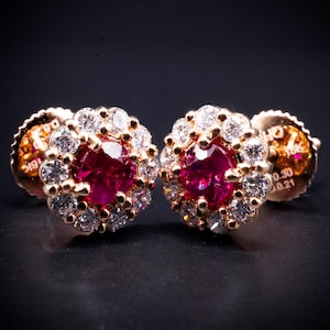 Natural Ruby and Diamond Halo Earrings Yellow Gold Screw Back Studs Earring, Halo Earrings, 18k Jewelry, Gemstone, Earth Mined Luxury Gift