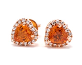 Orange Sapphire Heart Stud Earrings, 18k Rose or White Gold Diamond Halo Hearts 7.3mm, Screw Back, Christmas Gift for Wife or Daughter