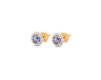 Blue Sapphire Earrings 18k Yellow Gold, Natural Ceylon 5mm Sapphire Diamond Halo Studs, Screw Back, Nickel Free, Christmas Gift for Wife