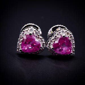 Birthday Gift for Teenage Girl, Ruby Heart Earrings 18K Gold, Gift for Daughter,Granddaughter, Daily Jewelry, Diamond Halo Screw back Studs