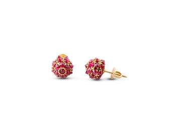 Ruby Spike Ball Stud Earrings, Solid 18k Yellow or Rose Gold, Reverse Set Natural Mozambique Rubies, Screw Back, Christmas Gift for Wife