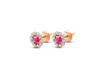 Roségouden robijn oorbellen, 18k natuurlijke Mozambikaanse robijn met diamanten halo, schroefsluiting, geboortesteen van juli voor tienermeisjes, kerstcadeau voor dochter