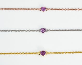Armband met roze saffier in de vorm van een hartje, natuurlijk hartje van 4 mm aan een fijne ketting van 925 sterling zilver, roségoud of witgoud, nikkelvrij, een perfect cadeau voor haar.