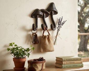 Ganchos de pared de hierro fundido vintage con forma de hongo, perchero rústico estilo cottagecore, llavero triple estilo bosque, decoración botánica antigua para el hogar