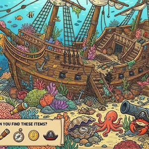 May include: A detailed illustration of a sunken pirate ship on the seabed, with coral, fish, and marine creatures. A banner asks, "Can you find these items?" with a key, spyglass, compass, coin, and pirate hat.