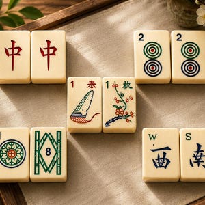 May include: A collection of ivory-colored Mahjong tiles with red, green, and blue symbols and characters. The tiles are arranged on a light beige surface within a wooden tray, with floral accents.