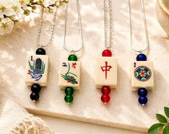 Vintage Mahjong Tile Necklace - Bone & Bamboo Pendant