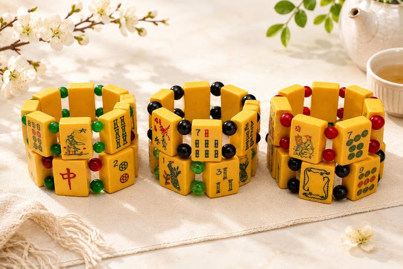 Puede incluir: Tres pulseras de fichas de Mahjong amarillas con cuentas negras, verdes y rojas. Cada pulsera est&aacute; hecha de fichas rectangulares con caracteres y s&iacute;mbolos chinos. Las pulseras se exhiben sobre una superficie color crema.