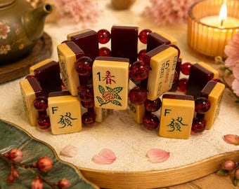 Very Rare Half Burgundy Bakelite Mah-jongg Bracelet (Small/Medium with Burgundy Glass beads)