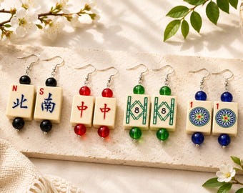 Vintage Mahjong Tile Earrings - Bone & Bamboo Dangle Design