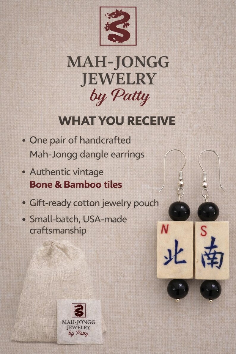 May include: Mah-Jongg dangle earrings with black beads and vintage bone and bamboo tiles. The earrings feature the letters "N" and "S" with Chinese characters. Includes a gift-ready cotton jewelry pouch. The text reads "MAH-JONGG JEWELRY by Patty."