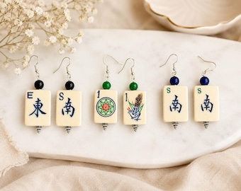 Handmade Vintage Bone & Bamboo Mah-Jongg Tile Dangle Earrings - Mahjong Jewelry