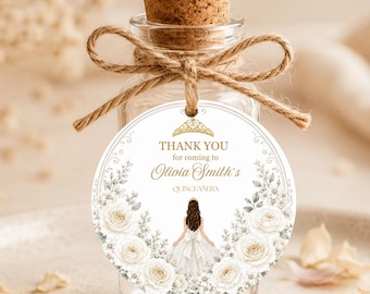 Modern White Quinceañera Thank You Tag, Editable Mis Quince Anos Giveaway, favor tag, Round thank you tag Digital Download