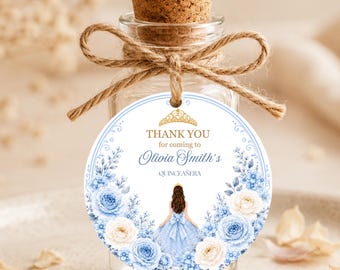 Light Blue Quinceañera Thank You Tag, Editable Mis Quince Anos Giveaway, favor tag, Round thank you tag Digital Download