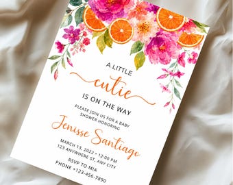 A Little Cutie Is On The Way Baby Shower Invite | Orange Citrus Baby Sprinkle | Lil Cutie Gender Reveal Stripes Bow Canva Template