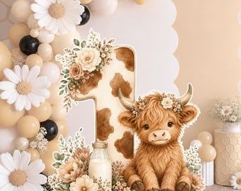 Holy Cow I’m One Birthday Big decor Cutout PNG, Highland Cow First Birthday Standee, Cow Print Number 1 Farm Party Decor