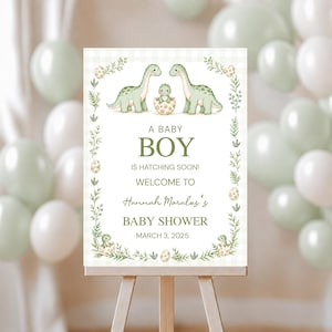 May include: A rectangular sign with a light green gingham border featuring illustrations of green dinosaurs and eggs. The text reads: A BABY BOY IS HATCHING SOON! WELCOME TO Hannah Morales's BABY SHOWER MARCH 3, 2025. The sign is displayed on a wooden easel.