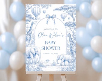 Blue Toile Safari Baby Shower welcome sign Safari Animal Baby Boy Shower Digital welcome banner, Dusty Blue Safari Toile de Jouy Baby Shower