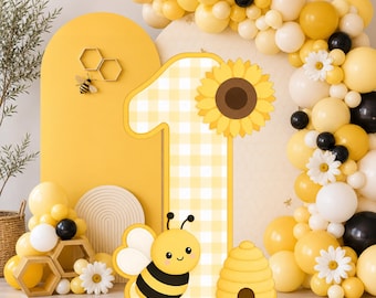 First Bee-Day Party Decor cutout, Yellow Gingham Bee first birthday big decor cutout (Digital Download)