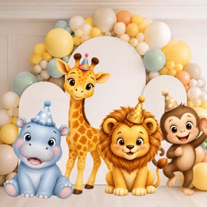 May include: A decorative party backdrop featuring a balloon arch in shades of yellow, white, and blue, with cartoon illustrations of a blue hippo, a yellow giraffe, a golden lion, and a brown monkey, all wearing colorful party hats.