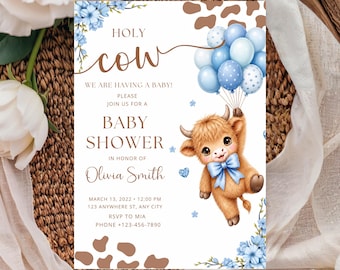 Highland Cow Baby Shower Invitation, Holy Cow Baby Shower, Blue Bow Canva Template (Digital Download) Baby boy, blue theme baby shower