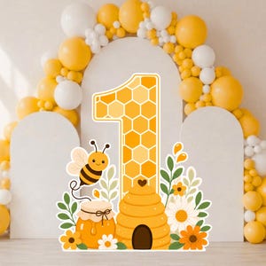 Découpe de décoration de fête First Bee-Day, découpe de grande décoration de premier anniversaire d'abeille Vichy jaune (téléchargement numérique)