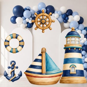 Puede incluir: Un conjunto de decoración para fiestas con temática náutica que incluye un timón de barco de madera, un salvavidas, un ancla azul, un velero y un faro. La colección está acentuada por un arco de globos azules, azul marino y blancos.
