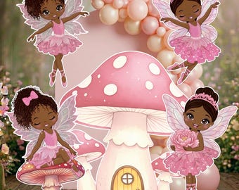 Printable Black Fairy Big Cutout Bundle, Brown Skin Fairy Party Decor, First Birthday Party Prop (Digital Download)