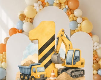 Digging Being One Birthday Big decor Cutout PNG, Construction First Birthday Standee, Excavator Dump Truck Party Decor
