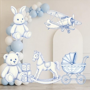 Toile de Jouy Baby Shower Big Decor Cutout, Blue Chinoiserie Standee, Teddy Bear Safari Backdrop Party Prop blue toile nursery items
