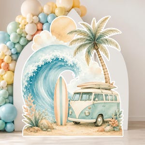 May include: A decorative arch-shaped display featuring a watercolor illustration of a beach scene with a large blue ocean wave, a surfboard, a palm tree, and a light blue and white vintage van with a surfboard mounted on its roof rack.