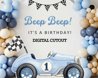 Decoración de cumpleaños con recorte de coche de carreras azul Fast One: Cumpleaños de coche de carreras, coche antiguo, plantilla de recorte, accesorios de pie, cumpleaños de coche azul