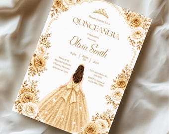 Gold Quinceañera Invitation, Floral Mis Quince Años Invite, Gold Tiara Bow Princess Design, Digital and Editable Invitation