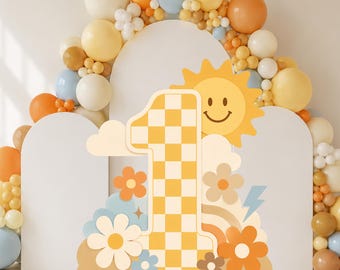 One Happy Dude Birthday Big Decor Cutout PNG, Smiley Sunshine First Birthday Standee, Retro Sun Party Decor