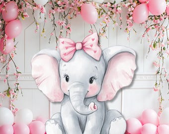 Printable Elephant Big Decor Cutout, Little Peanut Party Prop, Baby Elephant With pink Bow Standee (Digital Download)